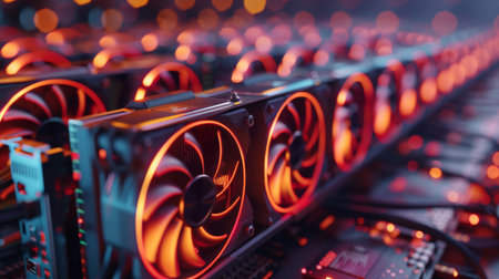 High performance Computer Hardware Showcased in a Dark Setting With Vibrant Red Cooling Fans, Emphasizing the Efficiency of Modern Technology and Gaming Setups. Generative AIの素材