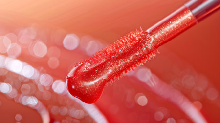 Bright Red Lip Gloss Applicator Held Above a Shimmering Background With Sparkling Droplets Reflecting Light in a Vibrant, Lively Setting. Generative AIの素材