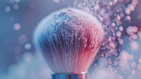 Makeup Brush Releasing Powder in a Colorful Setting With a Soft Focus on Beauty Elements During a Creative Beauty Routine. Generative AIの素材