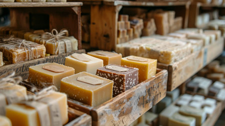 Handcrafted Soap Displayed on Wooden Shelves at a Local Market Highlighting Various Shapes, Colors, and Scents During the Afternoon. Generative AIの素材