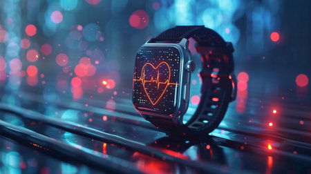 Advanced Smartwatch Displaying Heart Rate Monitor Features With Colorful Bokeh Lights in a Modern Setting. Generative AIの素材