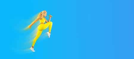 Young Woman Exercising With Dumbbells Isolated On Blue Backgroundの写真素材