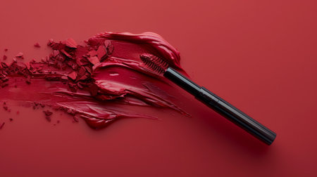 Bold Red Lip Makeup Set Against a Vibrant Red Backdrop Showcases Beauty Product Textures and Colors in Creative Composition. Generative AIの素材