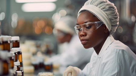Laboratory Technician Analyzing Samples in a Modern Pharmaceutical Facility During the Daytime. Generative AIの素材