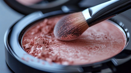 Makeup Application Process With a Focus on Blush Using a Brush in a Cosmetic Setting Indoors. Generative AIの素材
