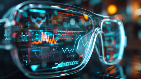Innovative Smart Glasses Displaying Data and Analytics in a Modern Urban Setting During the Evening. Generative AIの素材