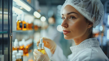 Scientist in Laboratory Examining a Glass Dropper Bottle Containing an Orange Liquid During a Research Process in a Modern Facility. Generative AIの素材