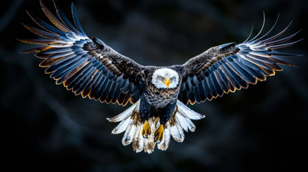 Majestic Bald Eagle Soaring With Outstretched Wings in a Dramatic Display of Natures Beauty During the Golden Hour. Generative AIの素材