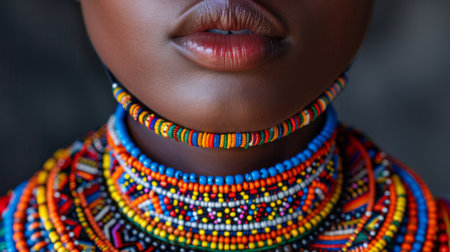 Vibrant Colors and Intricate Designs Are Showcased on Traditional Beaded Jewelry Worn by a Person in Close Up View. Generative AIの素材