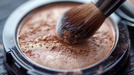 Showcasing the Application of Highlighting Makeup Using a Brush in a Beautifully Illuminated Vanity Area, Created With Generative AIの素材