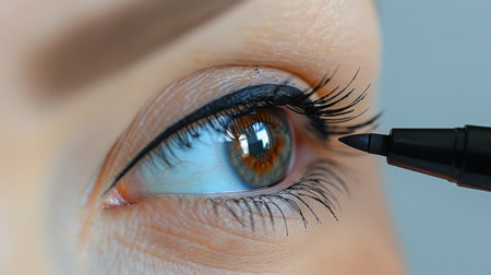 Applying Eyeliner Carefully Close up Revealing Vibrant Eye Color and Detailed Makeup Technique. Generative AIの素材