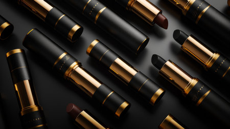 Various Elegant Lipstick Tubes Arranged on a Dark Surface Showcase a Stylish Collection Suitable for Makeup Enthusiasts During a Beauty Event. Generative AIの素材