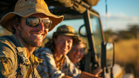 Group of Travelers Enjoying a Safari Adventure in a 4x4 Vehicle Under a Clear Sky During Sunset. Generative AIの素材