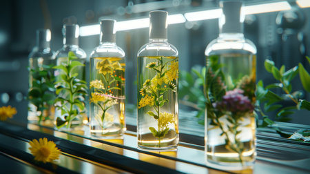 Bottles Filled With Herbal Infusions and Vibrant Flowers Arranged on a Production Line in a Factory Demonstrating a Natural Essence Extraction Process. Generative AIの素材