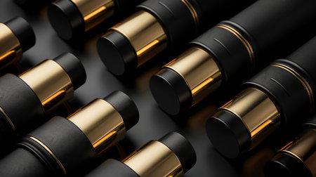 Luxurious Collection of Sleek Black and Gold Writing Instruments Arranged in a Stylish Display Inside an Elegant Workspace. Generative AIの素材