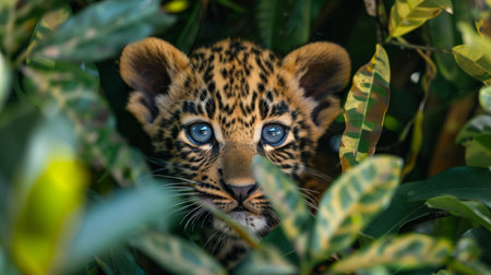 Curious Leopard Cub Peers Through Lush Green Foliage in Its Natural Habitat During Daylight Hours, Showcasing Its Exquisite Blue Eyes and Distinctive Spots. Generative AIの素材