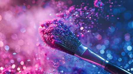 Colorful Makeup Brush Releasing Vibrant Powder in a Burst of Pink and Blue Sparkles During a Creative Beauty Session. Generative AIの素材