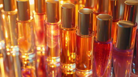 Colorful Collection of Perfume Bottles Arranged Artfully on a Reflective Surface Showcasing Vibrant Hues and Elegant Caps in Warm Lighting. Generative AIの素材