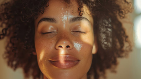 Woman Relaxes and Enjoys Sunlight While Applying Skincare Product Indoors During the Afternoon in a Cozy Room. Generative AIの素材