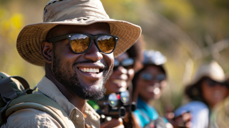 Wildlife Guide Smiling With a Group of Tourists in a Safari Setting Enjoying Their Adventure in Nature Under the Sun. Generative AIの素材