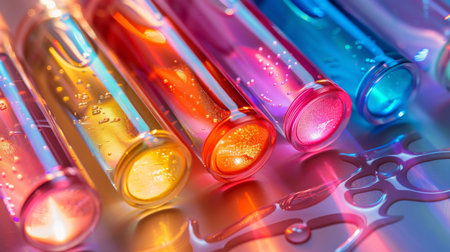 Colorful Test Tubes Filled With Liquid in Various Shades Arranged Artistically on a Surface During a Laboratory Experiment in the Afternoon Light. Generative AIの素材
