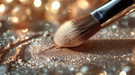 Close up of a Makeup Brush Sweeping Across Sparkling Bronze Mineral Powder Creating an Elegant Shimmer Effect Around the Festive Season. Generative AIの素材