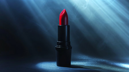 Bright Red Lipstick Stands Prominently Against a Soft Misty Background Highlighting Its Sleek Design and Vibrant Color Under Dramatic Lighting. Generative AIの素材