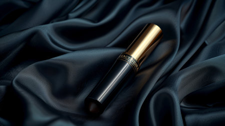 Luxurious Black Lipstick on Soft Satin Fabric Showcasing Elegance and Beauty in Cosmetics. Generative AIの素材
