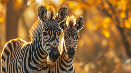 Two Zebras Stand Closely Together in a Sunlit Landscape Filled With Warm Autumn Tones While Displaying Their Bold Black and White Stripes. Generative AIの素材