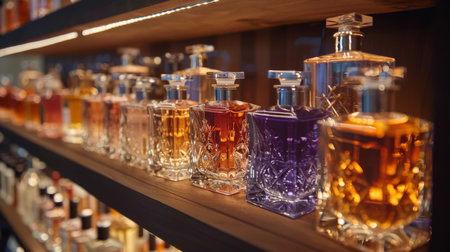 Decorative Display of Elegant Glass Bottles Filled With Assorted Spirits in a Modern Bar Setting During the Evening. Generative AIの素材