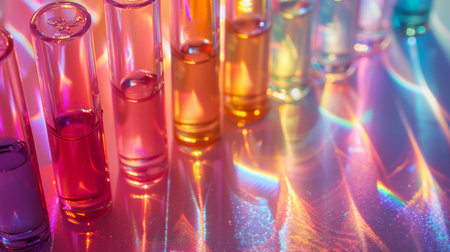 Colorful Test Tubes Reflecting Light Create a Vibrant Display in a Laboratory Setting During an Evening Experiment. Generative AIの素材
