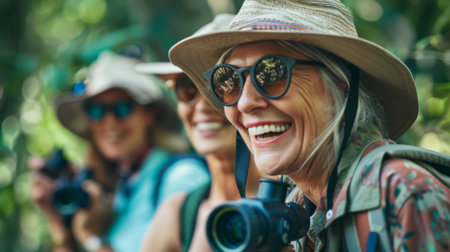 Joyful Adult Women Exploring Nature Together During a Photography Outing in a Lush Green Forest on a Sunny Day. Generative AIの素材