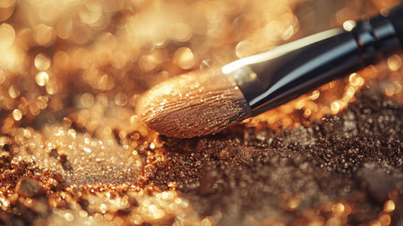 A Close Up View Showcases a Makeup Brush Delicately Resting Atop a Shimmering Golden Eyeshadow in a Beautifully Lit Environment, Expertly Crafted by Generative AIの素材