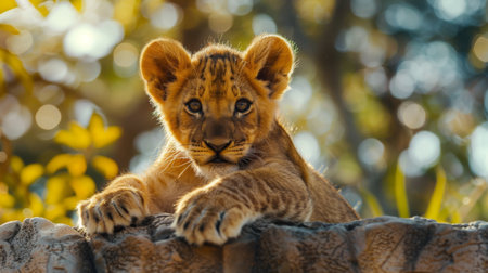 Curious Young Lion Cub Relaxing on a Rock While Observing Its Surroundings in a Vibrant Natural Setting During Daytime. Generative AIの素材