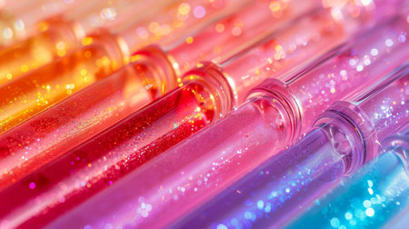 Colorful Glitter Pens Arranged in a Vibrant Display Showcasing Artistic Tools for Creative Projects. Generative AIの素材