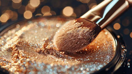 Sparkling Golden Makeup Product With Brush Reflecting Light in an Elegant Setting During a Beauty Application. Generative AIの素材