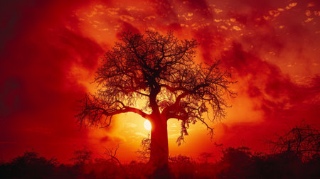 Majestic Baobab Tree Silhouetted Against a Vibrant Sunset Sky With Rich Colors Near a Tranquil Savanna. Generative AIの素材