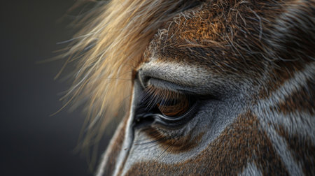 Close up View of a Giraffe Eye Showcasing Intricate Details and Textures During a Serene Day in the Wild. Generative AIの素材