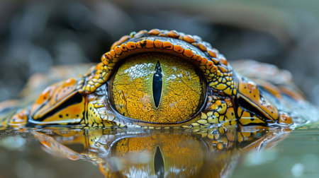 Close View of a Vibrant Frog Eye Reflecting Its Surroundings in a Pond During Daylight in a Tropical Rainforest, Showcasing Its Intricate Details and Colors. Generative AIの素材