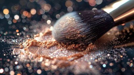 Sparkling Makeup Brush Resting on a Shimmering Pile of Loose Powder Against a Blurred Background With Bokeh Lights. Generative AIの素材