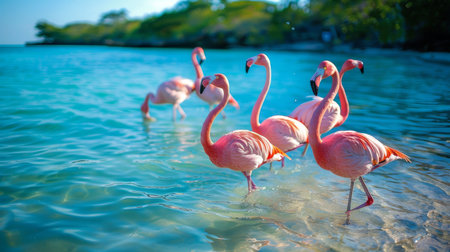 A Picturesque Scene Unfolds as Vibrant Flamingos Gracefully Wade Through the Crystal Clear Blue Waters of a Tropical Beach on a Sunny Day, All Crafted Through Generative AIの素材