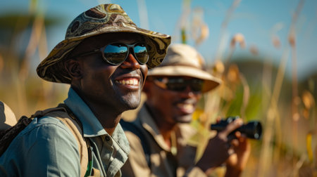 Guided Wildlife Excursion Showcasing Local Tour Guides Smiling in a Lively Natural Landscape During a Sunny Afternoon. Generative AIの素材