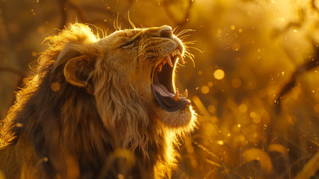 Majestic Lion Roaring in Golden Light During Sunset in the African Savannah Near Wildlife Reserve. Generative AIの素材