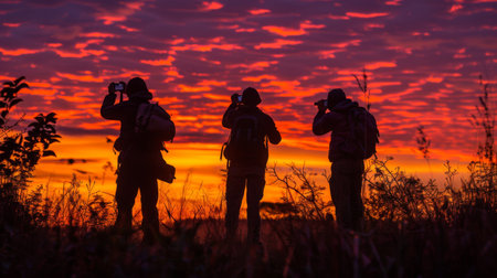 Silhouetted Photographers Capturing a Vibrant Sunset in an Open Landscape, Surrounded by Grass and Trees, During the Evening Golden Hour. Generative AIの素材
