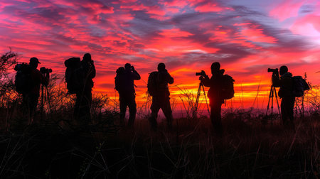 Silhouetted Photographers Capturing a Stunning Sunset on a Hillside With Vibrant Colors in the Sky and Grass in the Foreground. Generative AIの素材