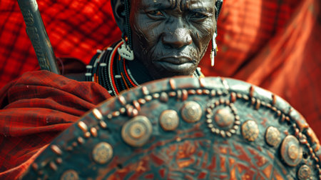 Masai Warrior Standing Strong With Traditional Shield in Colorful Attire During Sunset in Tanzania. Generative AIの素材