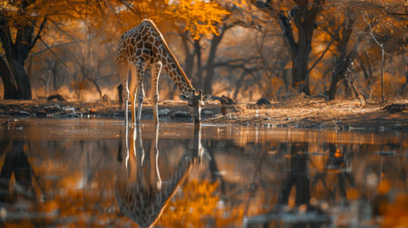 Giraffe Drinking Water in a Tranquil Forest Setting During Autumn With Vibrant Orange Foliage Surrounding the Scene. Generative AIの素材