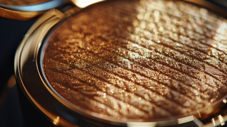 Close View of a Shimmer Bronzer Compact Featuring Intricate Texture Under Warm Lighting Showing Makeup Details. Generative AIの素材