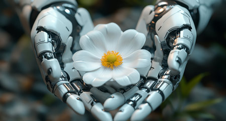 Peaceful robot holding a delicate flower in a serene natural settingの素材
