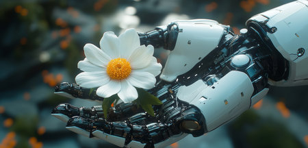 Humanoid robot offering a flower, symbolizing peace and harmony between technology and natureの素材